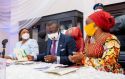 Picture: R-L: First Lady of Lagos State, Dr. Ibijoke Sanwo-Olu; Governor Babajide Sanwo-Olu and Commissioner for Commerce, Industry &amp; Cooperatives, Dr. Lola Akande, during the 6th Lagos Corporate Assembly tagged “BOS meets Business”, at Lagos House, Alausa, Ikeja, on Wednesday, July 29, 2020.