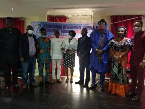 From left, Zonal Coordinator, Nigerian Tourism Development Corporation (NTDC), Mr Rotimi Ayetan, Publisher, African Travel Times, Mr Lucky George, Director of Research, Lagos Council for Arts and Culture, Mr Azeez Sheriff, ANJET President, Omololu Olumuyiwa, Representative of Commissioner of Tourism Lagos State, Mrs Ada Oni, Keynote speaker, Dr Wasiu Babalola, CEO, Akwaaba African Travel Market, Mr Ikechi Uko, Zonal Coordinator, National Institute for Hospitality and Tourism (NIHOTOUR), Mrs Chinyere Uche-Ibeabuchi and Moderator, Prince Wale Olapade.