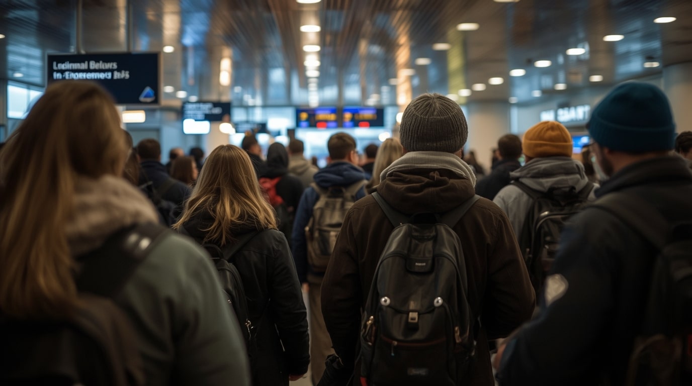 Long queues of frustrated passengers with suitcases at Paris Charles de Gaulle Airport on December 5 2025 as the new EU Entry/Exit System biometric border checks cause massive delays during Christmas holiday rush