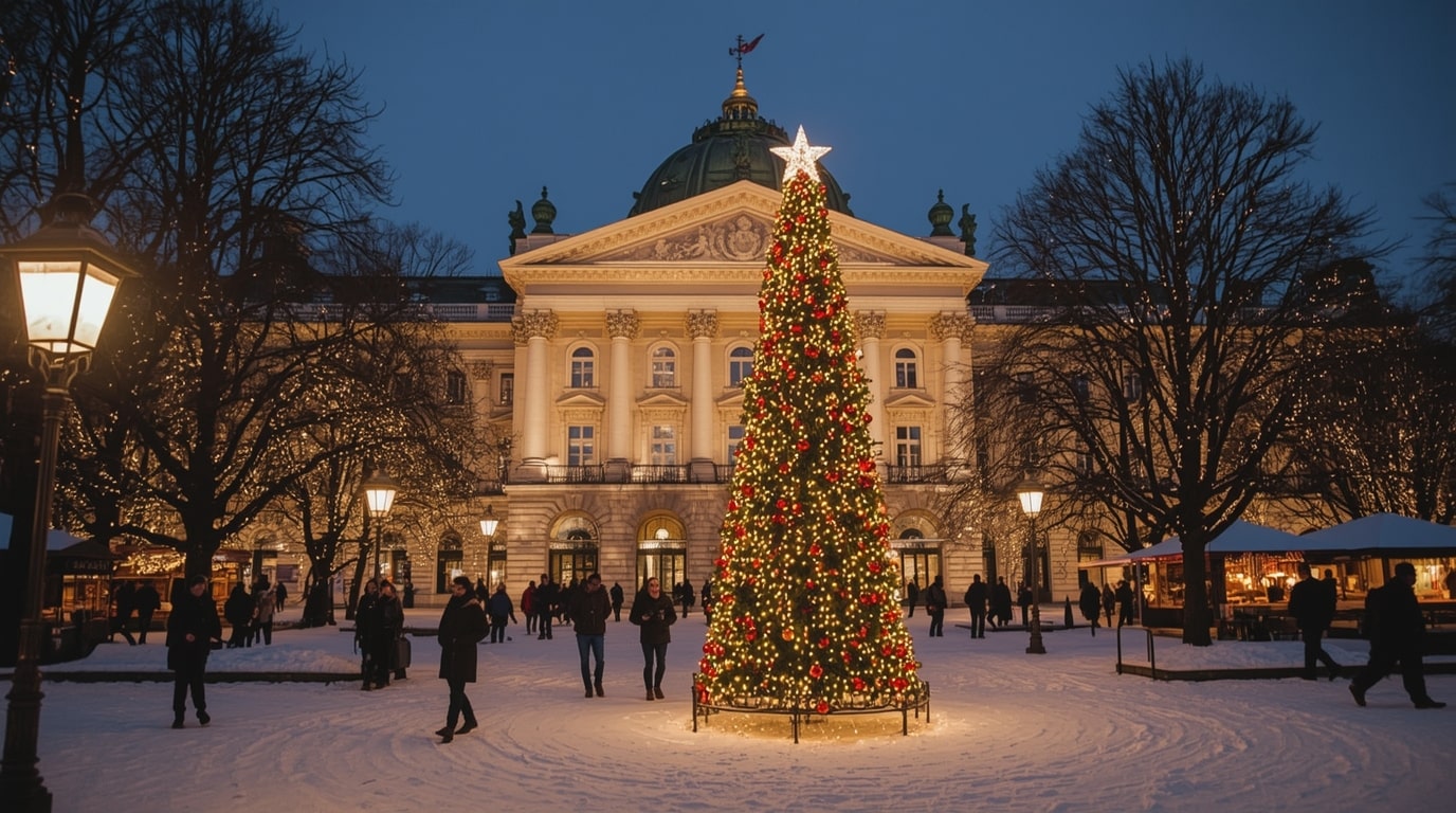 Crowd enjoying Budapest Christmas market at night with illuminated St. Stephen’s Basilica and festive stalls, as Hungary and Germany lead Europe’s 2025 holiday travel boom with over 35% booking surge