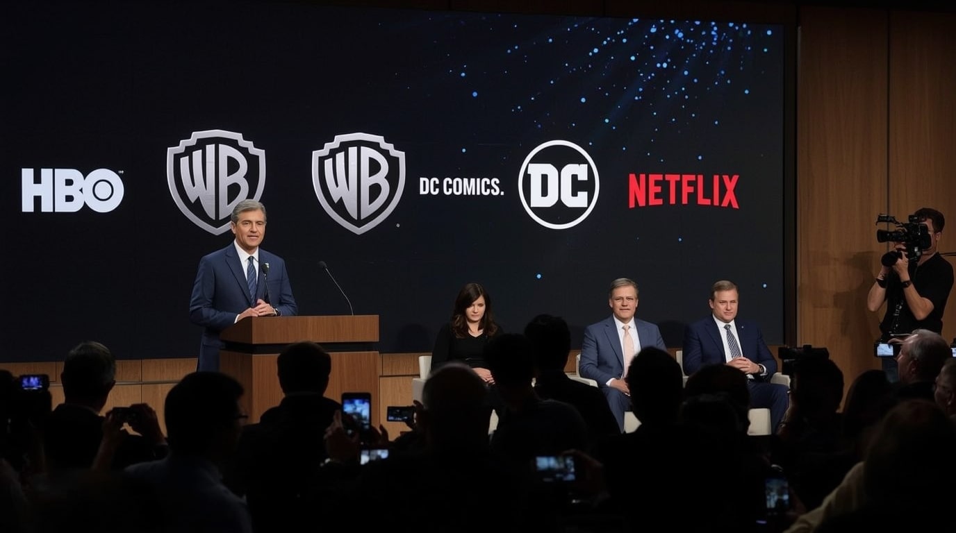 Netflix co-CEO Ted Sarandos and Warner Bros Discovery leadership announce $72 billion acquisition deal merging HBO, Warner Bros Studios, DC Comics, and HBO Max into Netflix on December 6, 2025