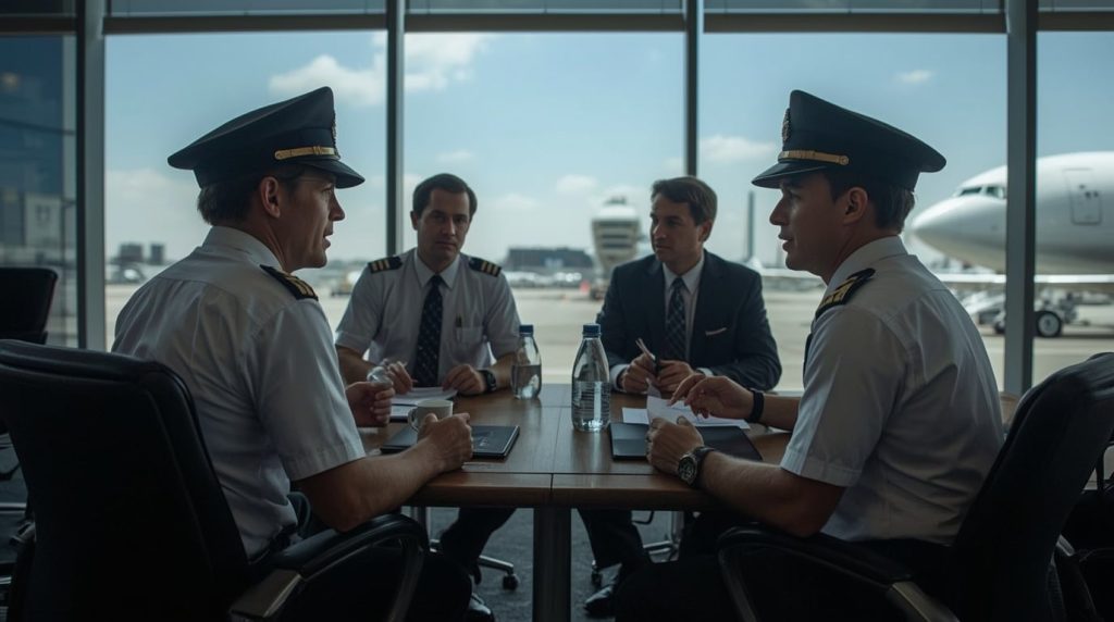 Group of Air Transat pilots discussing with union representatives amid ongoing pay negotiations, potentially leading to a strike on December 10, 2025