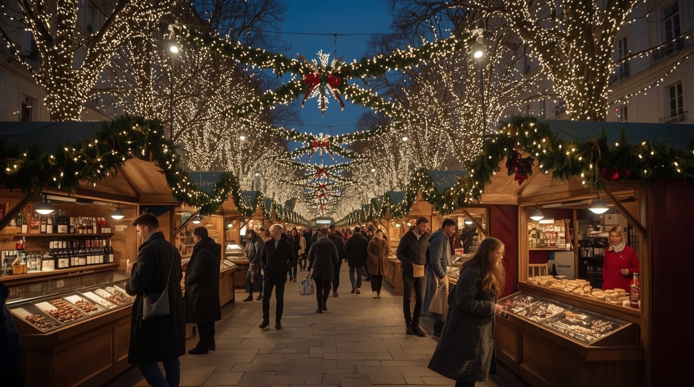Vibrant Leicester Square Christmas Market in London, featuring holiday stalls, lights, and festive cheer for top Christmas travel destinations in 2025.