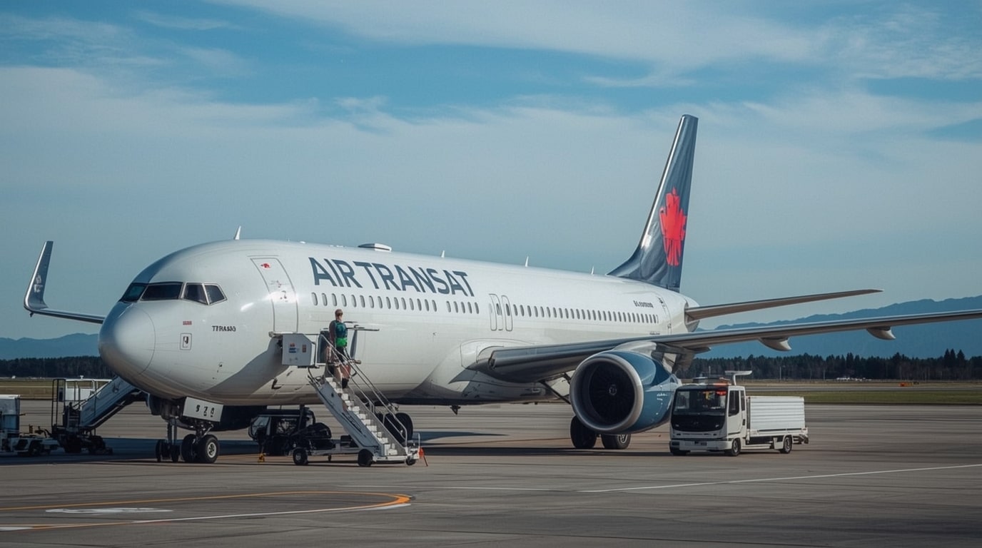Air Transat airplane grounded at airport due to potential pilot strike starting December 10, 2025, affecting holiday travelers