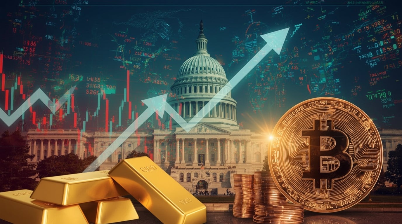 Vibrant infographic of upward-trending global stock tickers, gold bars and copper coils against a backdrop of the U.S. Capitol, symbolizing the Federal Reserve's anticipated 0.25% interest rate cut and its worldwide economic impact.